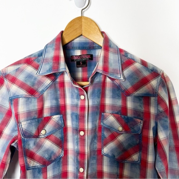 Rock & Roll Cowgirl Western Size S Blue And Red Plaid Pearlized Snap Buttons - Picture 2 of 11
